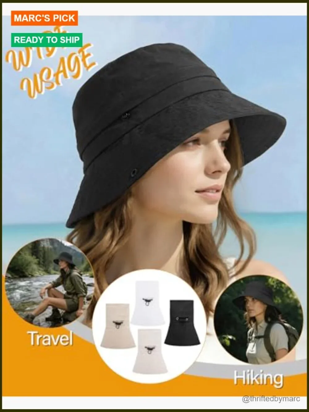 Packable Bucket Sun Hat UPF 50+ Waterproof Adjustable for Hiking Fishing